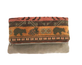 Bear Tapestry Clutch | Fold Over Corduroy Fabric Clutch | Moose Pattern Envelope Purse | Boho Travel Pouch