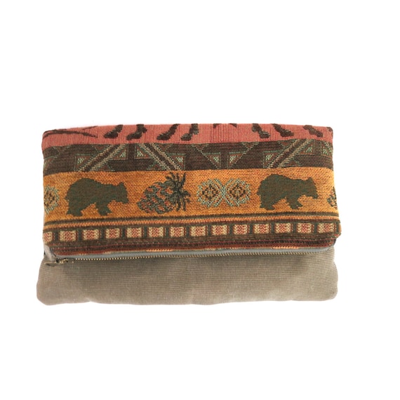 Bear Tapestry Clutch | Fold Over Corduroy Fabric … - image 1
