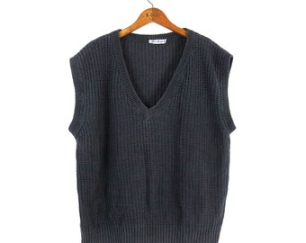 Baggy Charcoal Gray Sweater Vest | Oversized Sleeveless V-Neck Sweater Shirt | Women's Knit Top / XL