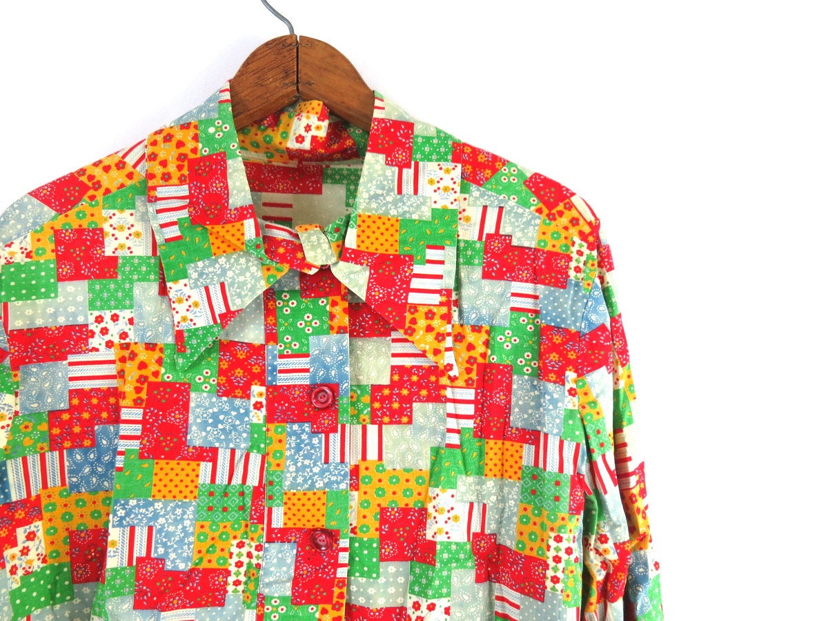 Patchwork Quilt Print Fabric Shirt | 1970s Vintage Hippie