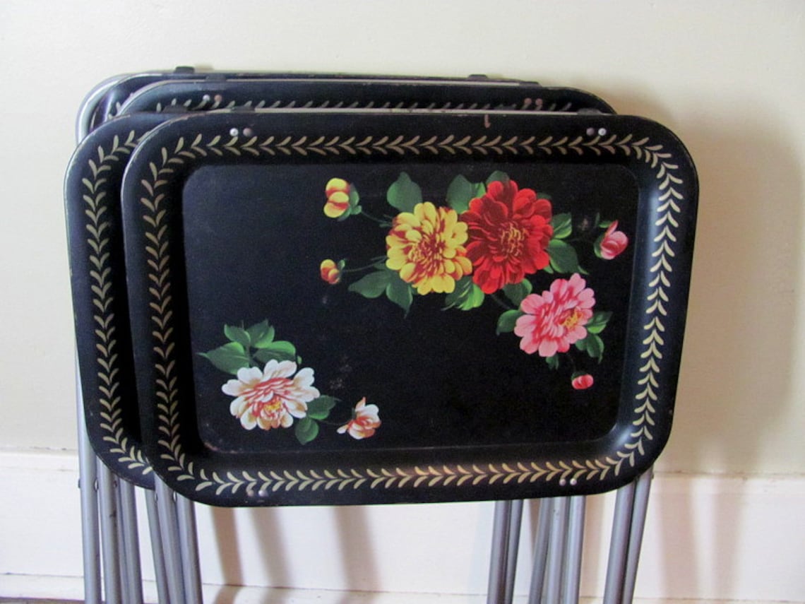 Vintage Black Floral Metal TV Trays with Stands // set of 4 Etsy