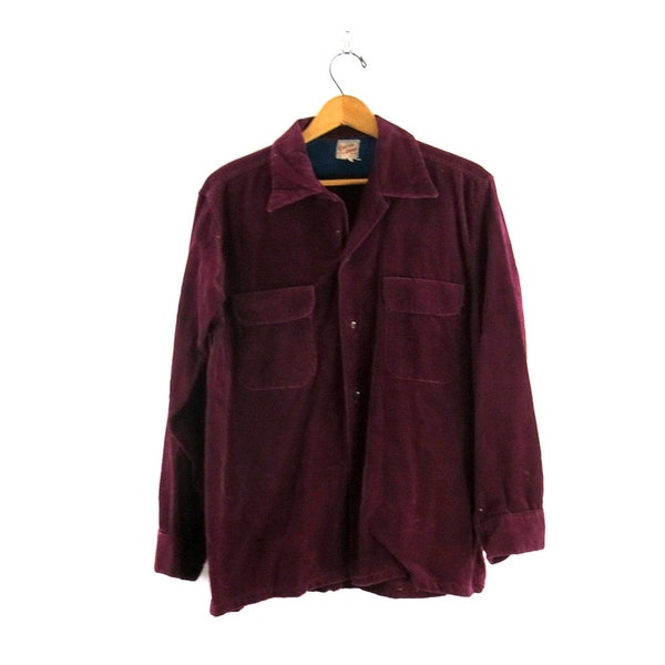 Vintage 1940s Purple Corduroy Loopneck Collar Shirt Jacket Button Up Loop Collar Corduroy Winter Wear / Medium Large
