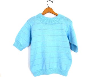 Handmade Light Blue Sweater with Metallic Silver - Women's Vintage Short Sleeve Sweater - Medium