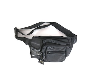 Vintage Black Leather Fanny Pack Waist purse Unisex Jogging Wallet Bag 1990s Bum Bag