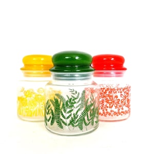 Tarro de cristal con diseño floral de los años 80. Elección de tarro de cristal vintage con tapa sellada. Decoración de cocina con tapa de burbujas.