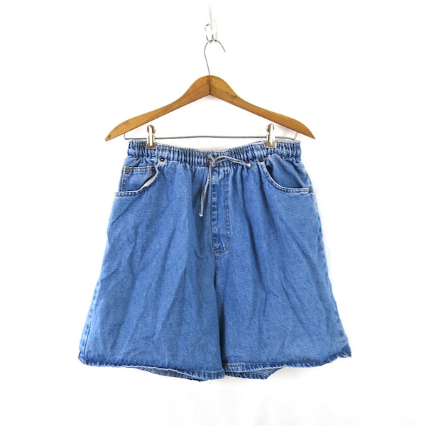 Denim Drawstring Shorts | 90s Vintage Elastic Waist Shorts | MOM Jean Shorts with Pockets | Women's Beach Shorts Size M