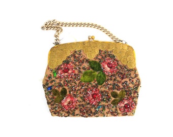 Jolles Orignal Purse Vintage Floral Embroidery and Gold Coin Purse with Beading