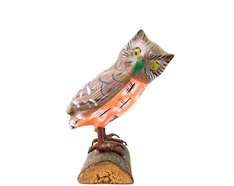 Vintage Wood Owl | Hand Carved Painted Wooden Bird | Bird on Log Carving | Small Carved Wooden Bird Statue Home Decor