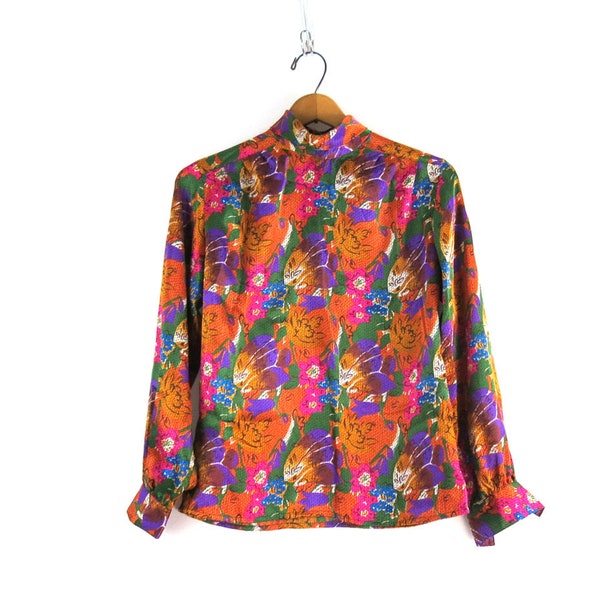 90s Secretary Shirt Retro Long Sleeve Flower Pattern Blouse Vintage High Collar Shirt Women's Size 4