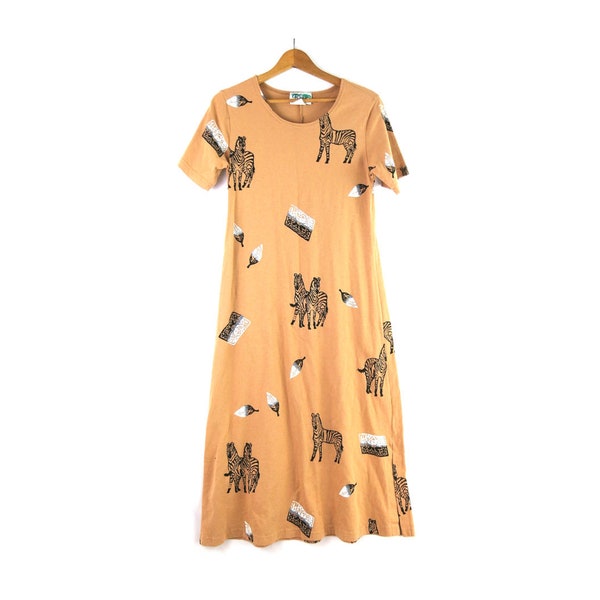 Zebra Print Dress Long Safari Dress Short Sleeve T-Shirt Dress Vintage 90s Summer Cotton Dress Women's Size Small Petite