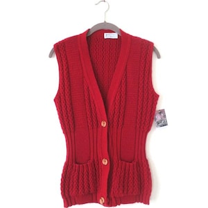 Vintage Dark Red Knit Sweater Vest with Pockets - 80s Sleeveless Top / Medium