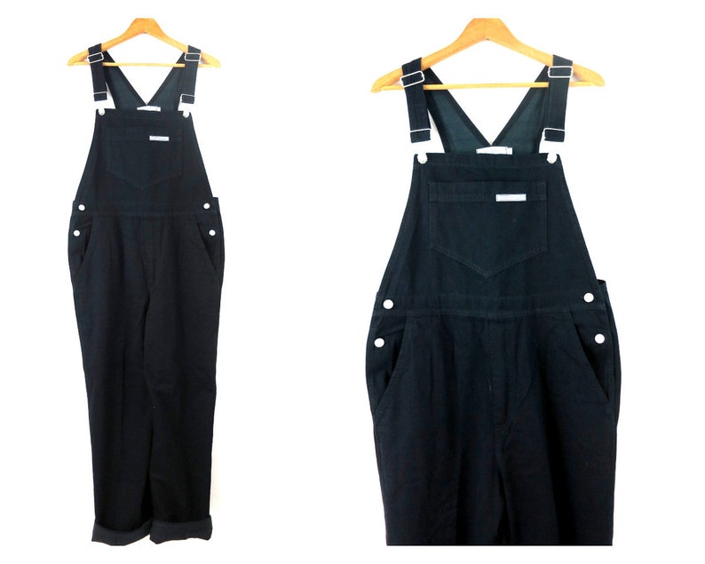 Black Jean Bib Overalls Vintage Denim Bibs 1990s Bib Overalls Preppy Minimal Pants Strap Trousers Womens Size Large