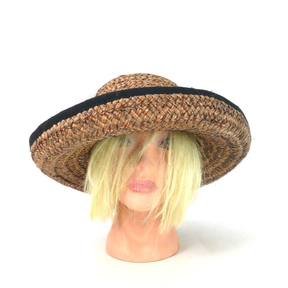 Vintage Woven Straw Garden Hat with Black Bow | M… - image 6