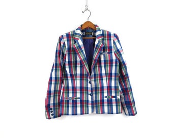 Plaid Jacket 1980s Preppy Nerd Blazer Coat Vintage 80s Jacket Women's Size 7 / 8