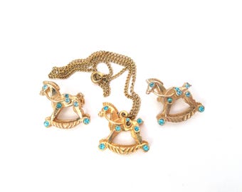 Vintage Rocking Horse Necklace and Pins / 90s Costume Jewelry