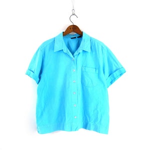 1990s Button Up Shirt Blue Cotton Casual Oxford Collar Shirt Vintage Summer Top Women&#39;s Size XL