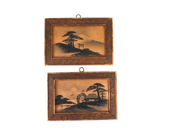 2 small vintage Framed Japanese pictures / wooden Framed wall hangings Souvenir Art