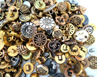 25 Silver, Gold and Bronze colored Metal Shank Buttons Mixed Sizes and Designs