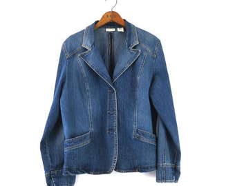 00s Denim Blazer Jacket | Vintage Button Up Jean Jacket Blazer Coat | Women's Size Large