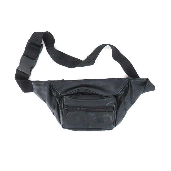 Vintage Leather Fanny Pack Black Waist purse Unisex Jogging Waist Wallet Bag 1990s Bum Bag