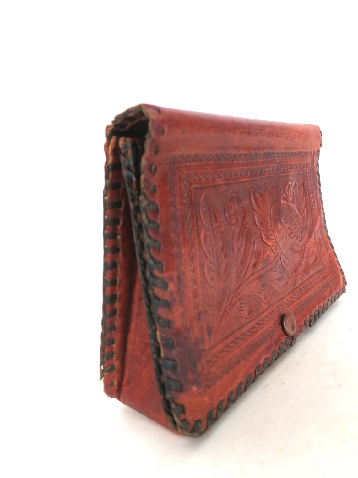 Vintage Tooled Leather Clutch: Tan Brown Floral Handbag (AS IS, foto 2 di 5