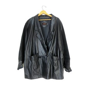 vintage black leather jacket 90s Longer Fit leather Dress coat Women&#39;s Plus Size 22.5