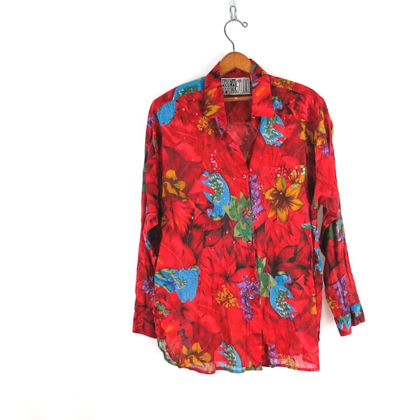 Red Floral Blouse Button Up Flower Pattern Shirt Semi Sheer Vintage Top Women's Size Large
