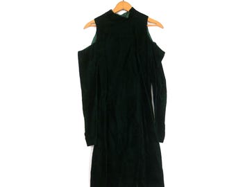 80s Velvet Open Shoulder Dress: Dark Green Vintage Goth Prom Dress Size 9/10
