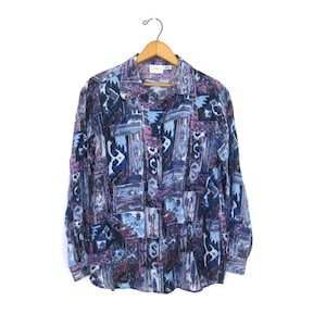 Vintage Silk Blouse | 90s Blue Button Up Shirt | Abstract Blue Gray Modern Printed Button Down Silk Tee / Women&#39;s Medium Petite