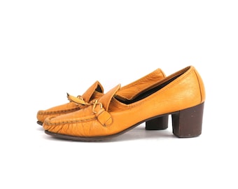 Mocasines de cuero Grannycore, años 60, vintage, color tostado, con borlas, para mujer, talla 7 N