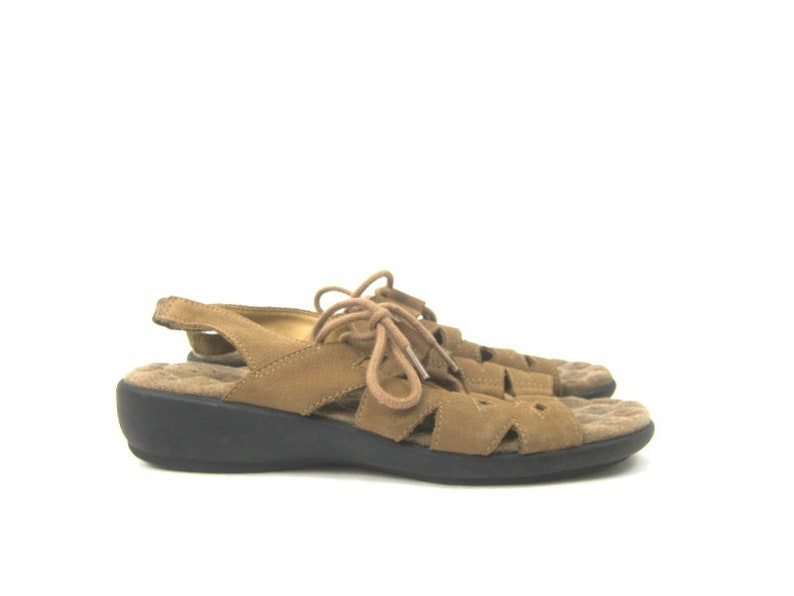 Brown Vintage Sandals leather Cut Out Tie Shoes Vintage Summer huaraches Suede leather sandals Lace Shoes Women/'s size 7.5W Wide