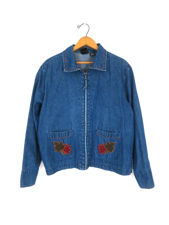 Vintage 90s Embroidered Denim Jacket: Leaf Appliqué, Size Medium
