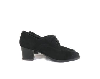 Zapatos vintage de ante negro estilo años 90, mocasines preppy, talla 8 de mujer.
