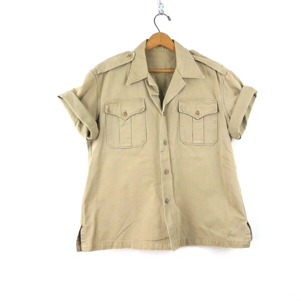 Khaki Boyfriend Shirt Vintage Safari Work Shirt Camp Cargo Pocket Uniform Utility Oxford Cargo Pocket Shirt Men's Size Large