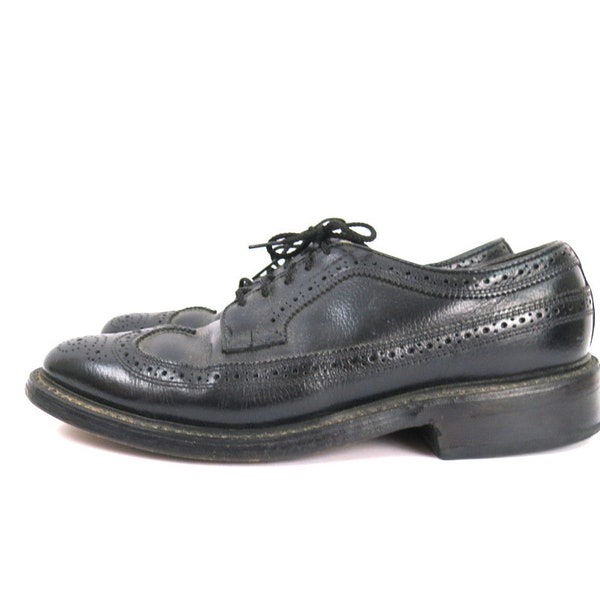 Men's Black Leather Wingtips Rockabilly Retro Oxfords Lace Up Shoes Vintage leather Shoes Size 7.5