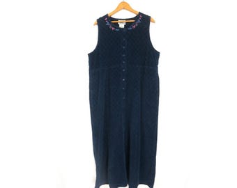 Vintage 90s Floral Corduroy Jumper Dress, Navy Blue, Women's Medium