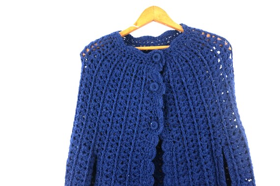 Boho Poncho Blue Crochet Afghan Knit Shawl Button… - image 4