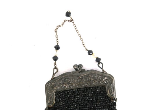 Tiny Antique 1910s Black Beaded Purse Vintage Cha… - image 3