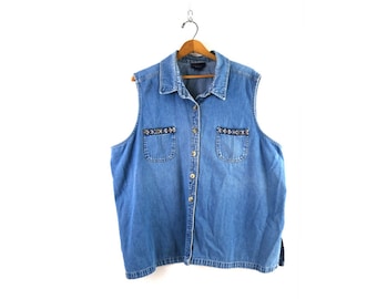 90s Vintage Sleeveless Denim Tank Top Button Up Jean Collar Shirt Women's Plus Size 28