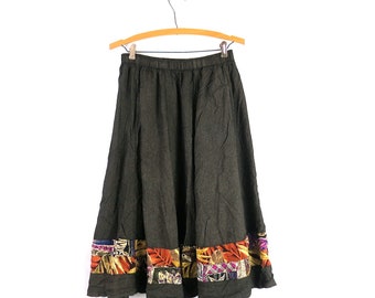 90s High Waist Skirt Black Check Pattern Skirt Vintage Rayon Midi Skirt Women's Size Medium