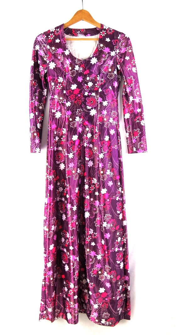 Long Maxi Floral Dress Retro 1970s Dress Purple F… - image 3