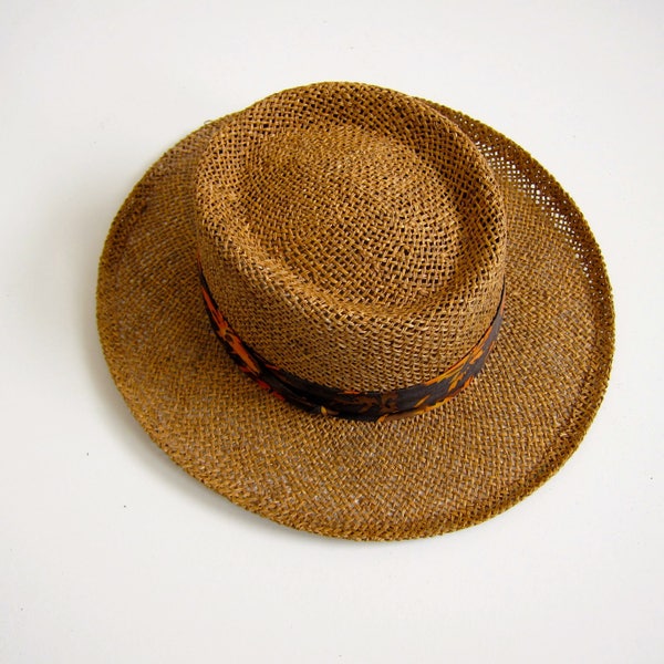 Fedora Straw Hat | Woven Panama Hat | Vintage Brim Straw Hat Woven Boho Summer Hat with Leaf Print Ribbon Unisex Brown Womens Mens Medium