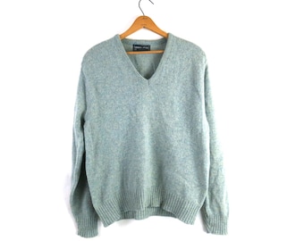 Ice Blue Vneck Sweater | 80s Robert Bruce Sweater | Vintage V-Neck Boyfriend Sweater | Men's Size Large