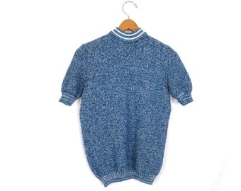 Blue Ringer Neck Sweater Retro Mock Neck Thin Knit Sweater Top Hipster Tee Basic 1970s Short Sleeve Minimal Top / Small