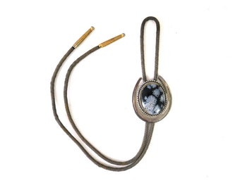 Vintage BOLO TIE Silver Horseshoe & Black Stone String Tie Necklace Rockabilly Jewelry Cowboy Western Choker