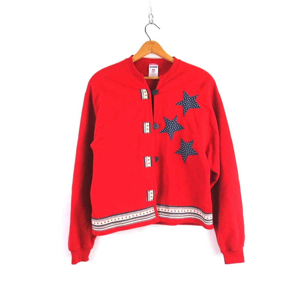 Star Applique Cardigan Vintage Hand Made Red Crafty Etsy
