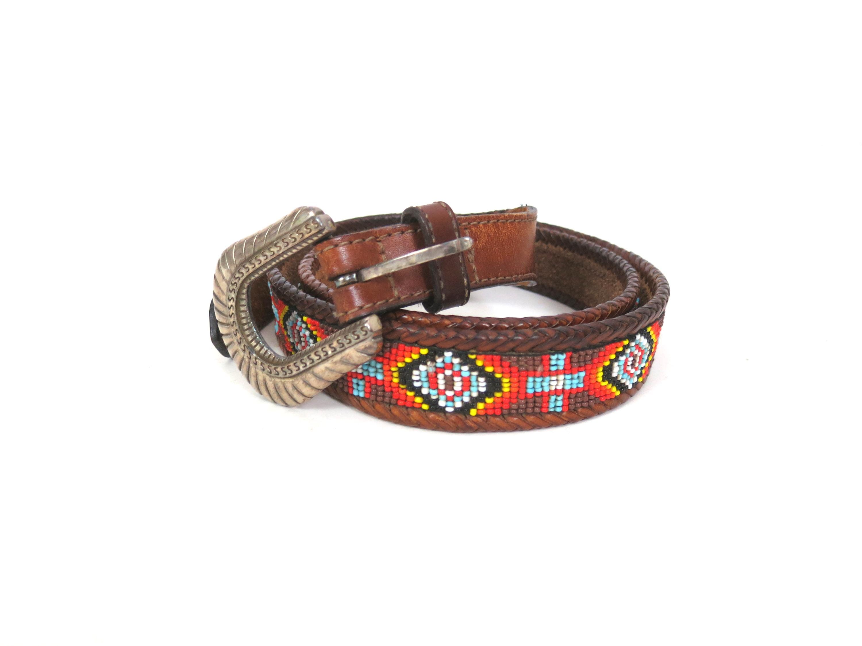 Huichol Colorful Bead Art Mexican Folk Art Leather Belt W. Statemen Buckle. \'91 Mexican Beaded Belt - Etsy main image 2