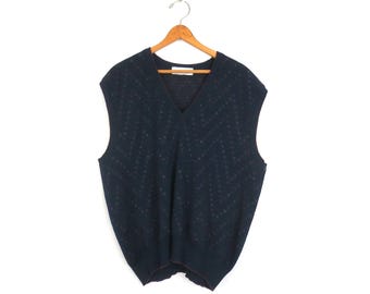 Sweter w kolorze granatowym z lat 90., kamizelka z dekoltem w serek, styl preppy, warstwowy sweter męski, rozmiar XL