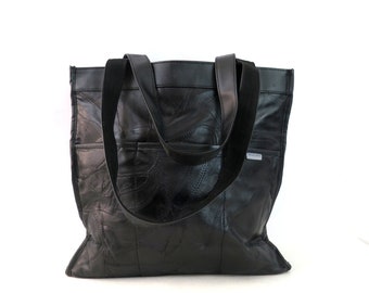 Black Leather Tote Bag | Vintage 90s Stitched Leather Shoulder Purse