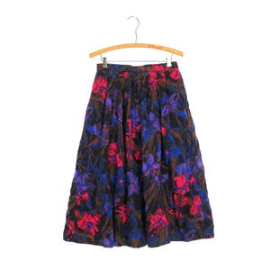 90s Pink Floral Pattern Skirt | High Waist Skirt Vintage Midi Skirt with Pockets / Size 14
